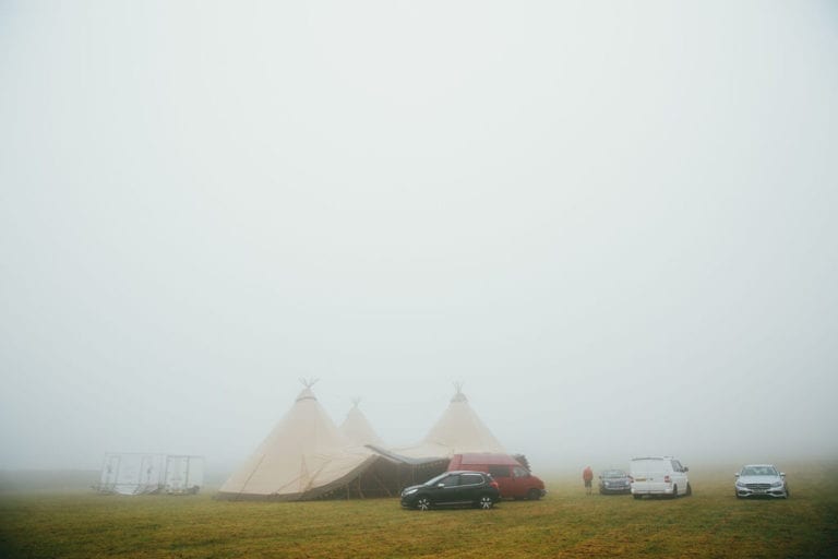 A thick sea mist descends over the Wild Tipis set up on the cliffs at St Agnes Beacon